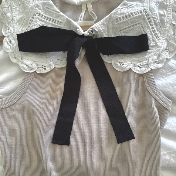 Anthropologie Beige Tank Top with White Lace Collar - Picture 3 of 12